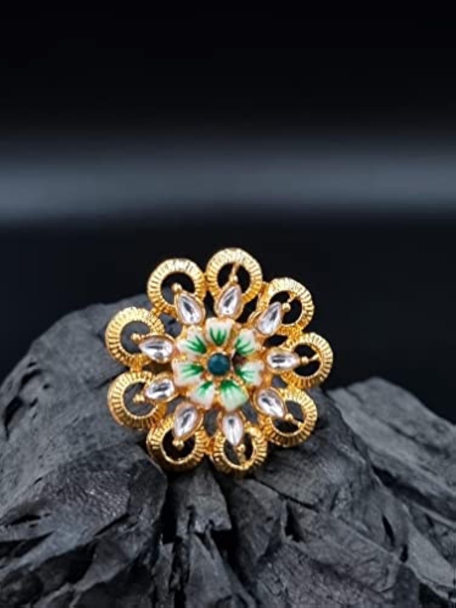 Women's Green Color Gold Tone Traditional Kundan Finger Rings